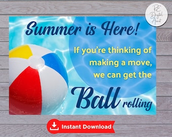 Summer Real Estate Postcard Front | Ball Rolling Pop By Card Tag TEAM Broker Business Client Referrals June July Card, Download PDF 4x6 5x7
