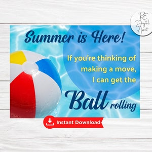 PRINTABLE Summer Beach Ball Real Estate Postcard Front, Ball Rolling Pop By Tag, Agent Drip Campaign Farming Mailer June July, Download PDF