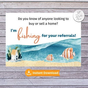 Fishing Referrals Real Estate Postcard Front | Goldfish Pop By Tag Agent Broker Business Client Card, Open House Favor Download PDF 4x6 5x7