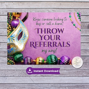 Mardi Gras Throw Referrals Real Estate Pop By Postcard Front, Neighborhood Client Partner Mailer Agent Broker March Tag Download PDF 4x6 5x7