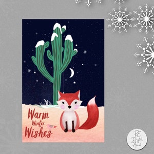 Cactus hiver renard carte avant voeux d'hiver chaud carte postale renard du désert PDF imprimable, téléchargement immédiat 4 x 6, salutations inspirées de Hygge
