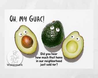 Oh My Guac Real Estate Farm Marketing Postcard Front,  Home Seller Español Neighborhood Mailer Agent Broker Farm, Download PDF 4x6, Avocado