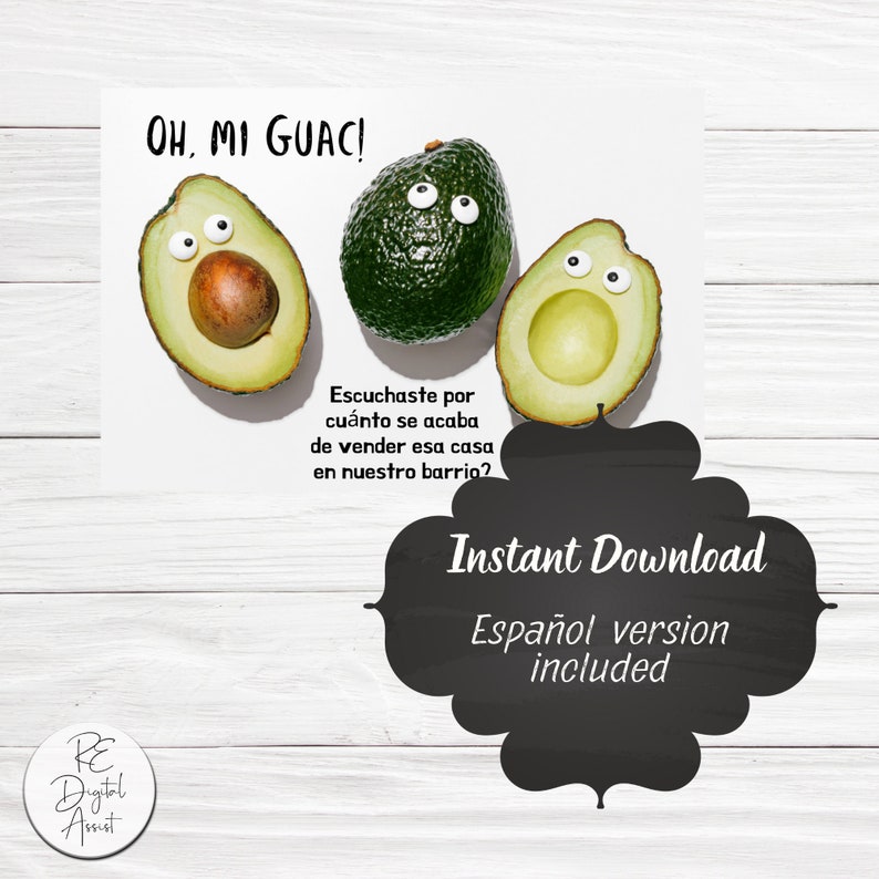 Oh My Guac Real Estate Farm Marketing Postcard Front, Home Seller Español Neighborhood Mailer Agent Broker Farm, Download PDF 4x6, Avocado image 3