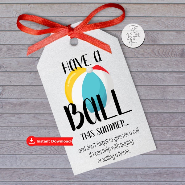 PRINTABLE Beach Ball Summer Real Estate Pop By Tags, June July August Pop By Card Favor Label Sticker Download, Agent Broker Event Marketing