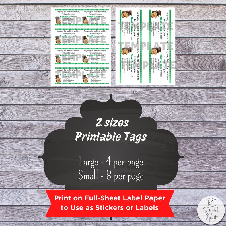 May include: Printable tags for real estate agents featuring a cartoon cookie monster. The tags are available in two sizes: large (4 per page) and small (8 per page). The tags are designed to be printed on full-sheet label paper and used as stickers or labels.