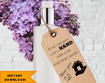 Handzeep, ontsmettingsmiddel, lotionlabels afdrukbaar, TEAM-promotiecadeau, cadeaulabels onroerend goed, pop-by-tag, makelaar agent, pdf-bestand downloaden