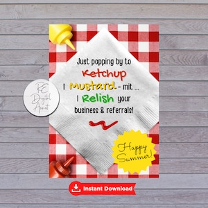 PRINTABLE Summer BBQ Postcard + Tags, Business Referral Pop By, Ketchup Mustard Relish Picnic Sticker Label Download, Agent Broker Marketing