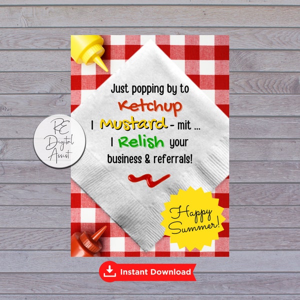 PRINTABLE Summer BBQ Postcard + Tags, Business Referral Pop By, Ketchup Mustard Relish Picnic Sticker Label Download, Agent Broker Marketing