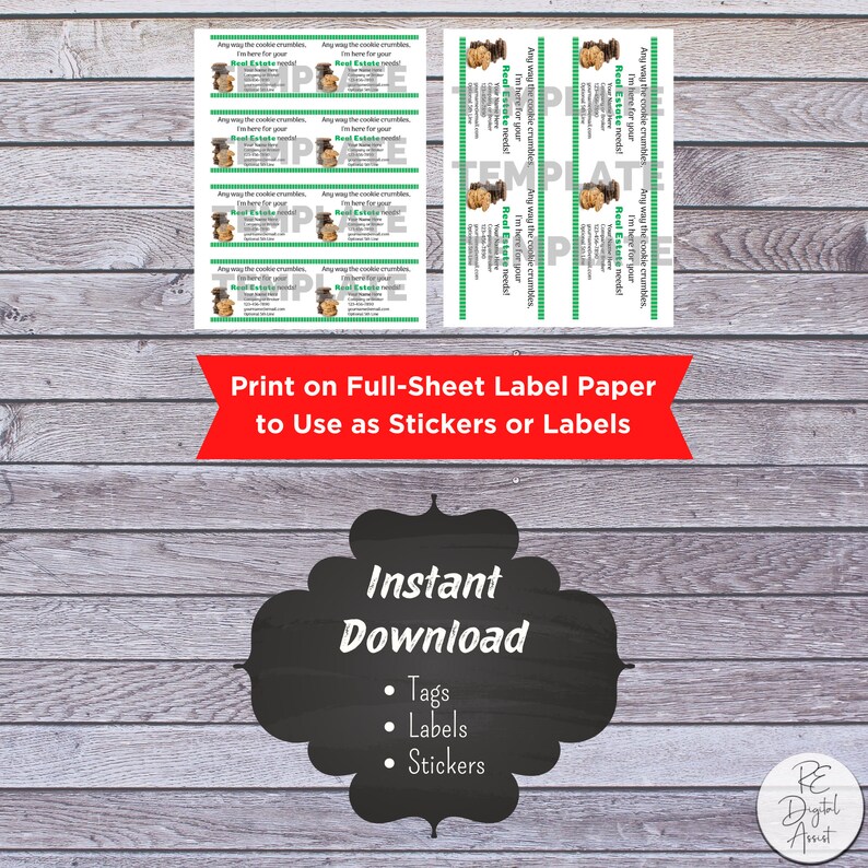 May include: Printable sheet of stickers featuring a cartoon cookie jar with a gavel and the text "Any way the cookie crumbles, I'm here for your Real Estate needs!" The sheet is designed to be printed on full-sheet label paper and used as stickers or labels. The text "Instant Download" is also included, along with bullet points for "Tags", "Labels", and "Stickers".
