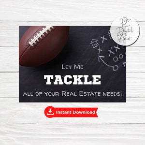 Football Tackle Real Estate Super Bowl Agent Marketing Postcard Front, Home Seller Buyer Referral Pop By Tag, Printable Download PDF 4x6 5x7