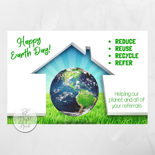 Earth Day Business Referrals Printable Postcard Front,  Client April Pop By Marketing, Real Estate Agent Broker Mortgage Tag Card PDF