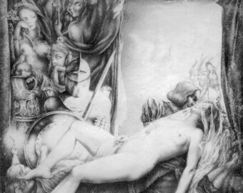 May include: A black and white pencil drawing of a woman lying down with a man kneeling beside her. The woman is wearing a white dress and the man is wearing a dark robe. There are figures in the background, including a knight in armor.