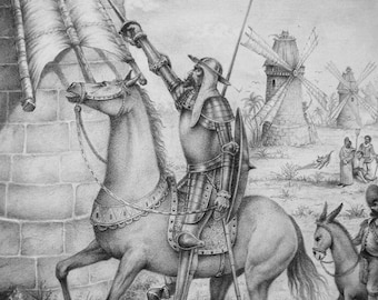 Don Quixote Canvas Print – Fighting Windmill, Black and White Art