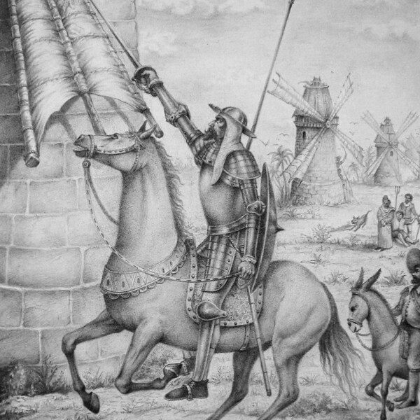 Don Quixote Fighting the Windmill - By Imre Zsido (Canvas Print) - Drawing | Canvas Art Print | Original Black and White Art | Medieval