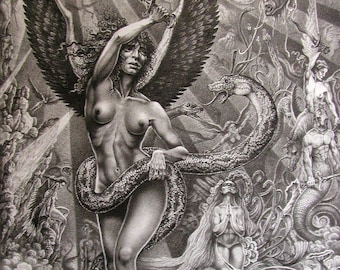 Anger of the Heavens - By Imre Zsido (Fantasy Art Canvas Print) - Ink Drawing | Devil | Original Art | Black and White Art | Angel