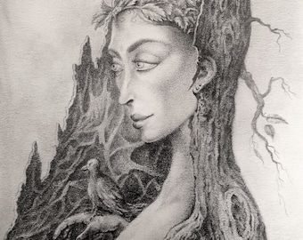 Tree Woman Art – Fantasy Goddess Black and White Canvas Print