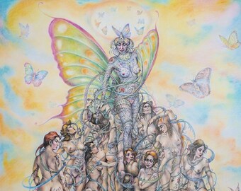 May include: A colorful drawing of a butterfly with many figures surrounding it. The butterfly is green, yellow, and pink. The figures are nude and have intricate tattoos. The background is a light yellow with a blue sky.
