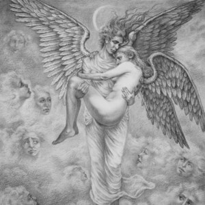 Sadness in Heaven - By Imre Zsido (Fantasy Art Canvas Print) - Fantasy Drawing | Spiritual Art | Original Art | Black and White Art