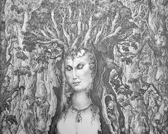 Pretty Forest Queen - By Imre Zsido - Fantasy Nature Canvas | Fantasy Drawing | Goddess Art | Earth Art | Black and White Art | Fantasy Art