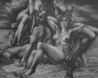 Mermaids in Morning Sea - By Imre Zsido (Fantasy Art Canvas Print) - Fantasy Drawing | Original Art | Goddess Art | Wall Art | Canvas Print