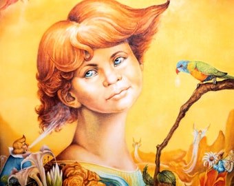May include: A painting of a young person with red hair, wearing a blue and yellow dress, surrounded by flowers and a small bird. The background is a yellow and orange sky with a small fairy flying in the upper left corner.