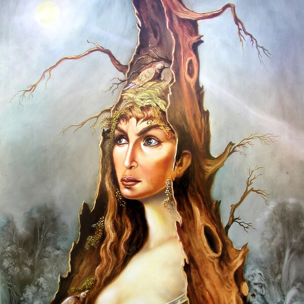 Queen of the Forest - By Imre Zsido - Fantasy Nature Canvas | Fantasy Drawing | Goddess Art | Earth Art | Black and White Art | Mother