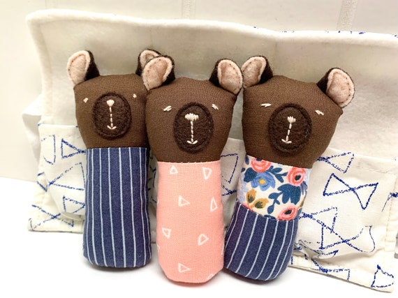 trio of mini bears in a pouch children's toy Menagerie of small handmade stuffed animals