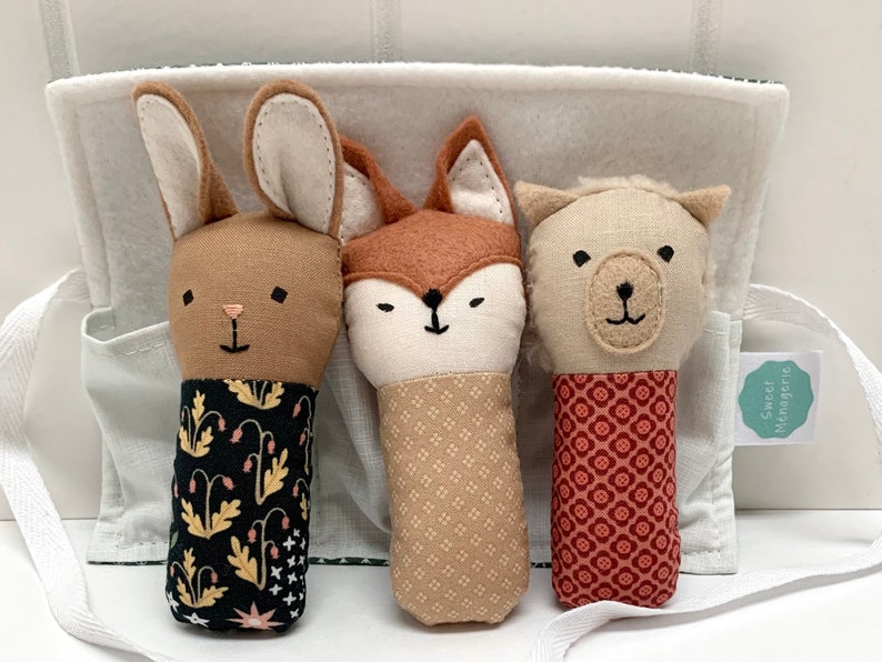 trio of mini bears in a pouch children's toy Menagerie of small handmade stuffed animals