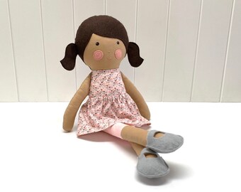 Brown haired girl doll with pink dress, handmade, children's fabric toy