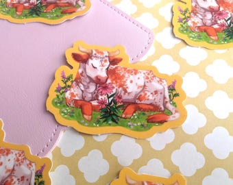 Autocollant en vinyle de 3 po. Vache et fleurs