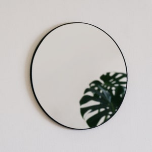 May include: A round mirror with a black frame hangs on a white wall. A green plant leaf is reflected in the mirror.