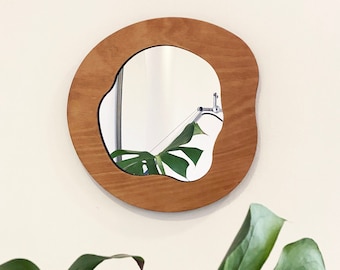 Wooden Irregular Mirror, Organic Shape Mirror, Asymmetrical Home Decor, Aesthetic Mirror, Pond Wall Mirror, Wavy Wall Decor, Boho Decor