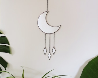 Crescent Moon Wall Mirror with Tassels, Celestial Boho Decor