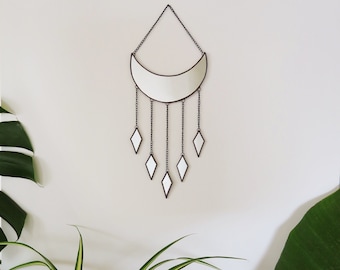 Crescent Moon Wall Mirror with Tassels, Celestial Boho Decor