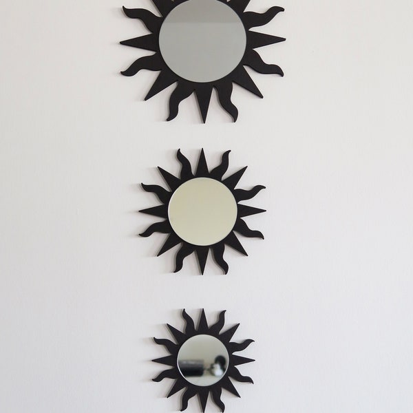 Sunburst Wall Mirror, Small Sun Wall Decor, Round Wooden Mirror, Set of 3 Mirror, Sun Shaped Boho Decor, Living Room Decor, Accent Wall Art