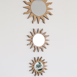 Sunburst Wall Mirror, Small Sun Wall Decor, Round Wooden Mirror, Set of 3 Mirror, Sun Shaped Boho Decor, Living Room Decor, Accent Wall Art
