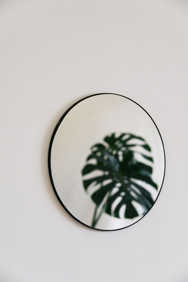 May include: A round mirror with a black frame hangs on a white wall. The reflection in the mirror shows a green leafy plant.