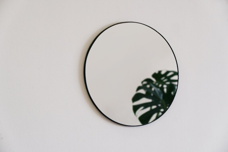 May include: A round mirror with a black frame hangs on a white wall. A green plant leaf is reflected in the mirror.