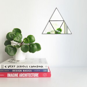 May include: A stack of three books on a white surface. The top book is white with black text that reads "A VERY SERIOUS COOKBOOK". The middle book is blue with white text that reads "DESIGN BASICS". The bottom book is red with white text that reads "IMAGINE ARCHITECTURE". A small green plant is in a white pot to the left of the books. A black triangular mirror is hanging on the wall behind the books.