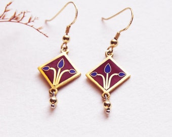 Cloisonne Enamel Earrings, Hot Enamel Jewelry, Cloisonne Earrings, Fine Silver, Gold foil Earring, Floral Earrings, Red Enamel Jewelry,