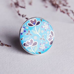 Cloisonné Enamel ring, Sterling Silver ring, Blue Ring, Gift, 7  US size Rings, Enamel Ring, Enamel Jewelry, Floral Rings, Hot enamel ring