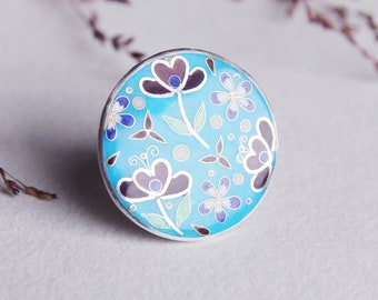 Cloisonné Enamel ring, Sterling Silver ring, Blue Ring, Gift, 7  US size Rings, Enamel Ring, Enamel Jewelry, Floral Rings, Hot enamel ring