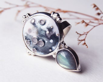 Moon ring, Cloisonne enamel ring with labradorite, enamel jewelry, labradorite ring, enamel rings, cloisonne enamel jewelry, gemstone ring