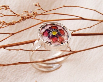 Handgemachte Emaille Cloisonné Ringe, Sterling Silber, Blumenringe, Geschenk, verstellbare Ringe, rot, rosa, blau Emaille Ringe, Emaille Schmuck.