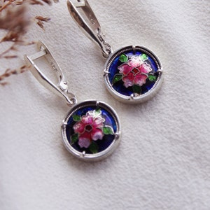Cloisonne Enamel Earrings Handmade Enamel Cloisonne fine Silver, Gift, Red, green, black, pink, blue Earring, Floral Earrings Enamel Jewelry