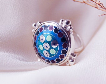 Handmade Enamel Cloisonné blue ring, Sterling Silver, Blue Rings, Gift, 7 US Rings, Enamel Ring, Enamel Jewelry, Blue Rings, enamel jewelry