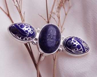 Barnovi Signature "Spike Ring" Design - Handmade Enamel Cloisonne blue ring, Sterling Silver, Blue Ring,Gift,Enamel Jewelry, Enamel rings.