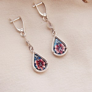 Cloisonne Enamel blue, pink, yellow, purple Earrings- Handmade Enamel Cloisonne, Fine Silver, Gift, present, Floral Earrings, Enamel Jewelry
