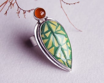 Cloisonne Emaille Ring, grüner Ring, Emaille Ring mit Edelsteinen, Quarz-Ring, Silberschmuck, Emaille Schmuck, Cloisonne Emaille Schmuck, Ringe