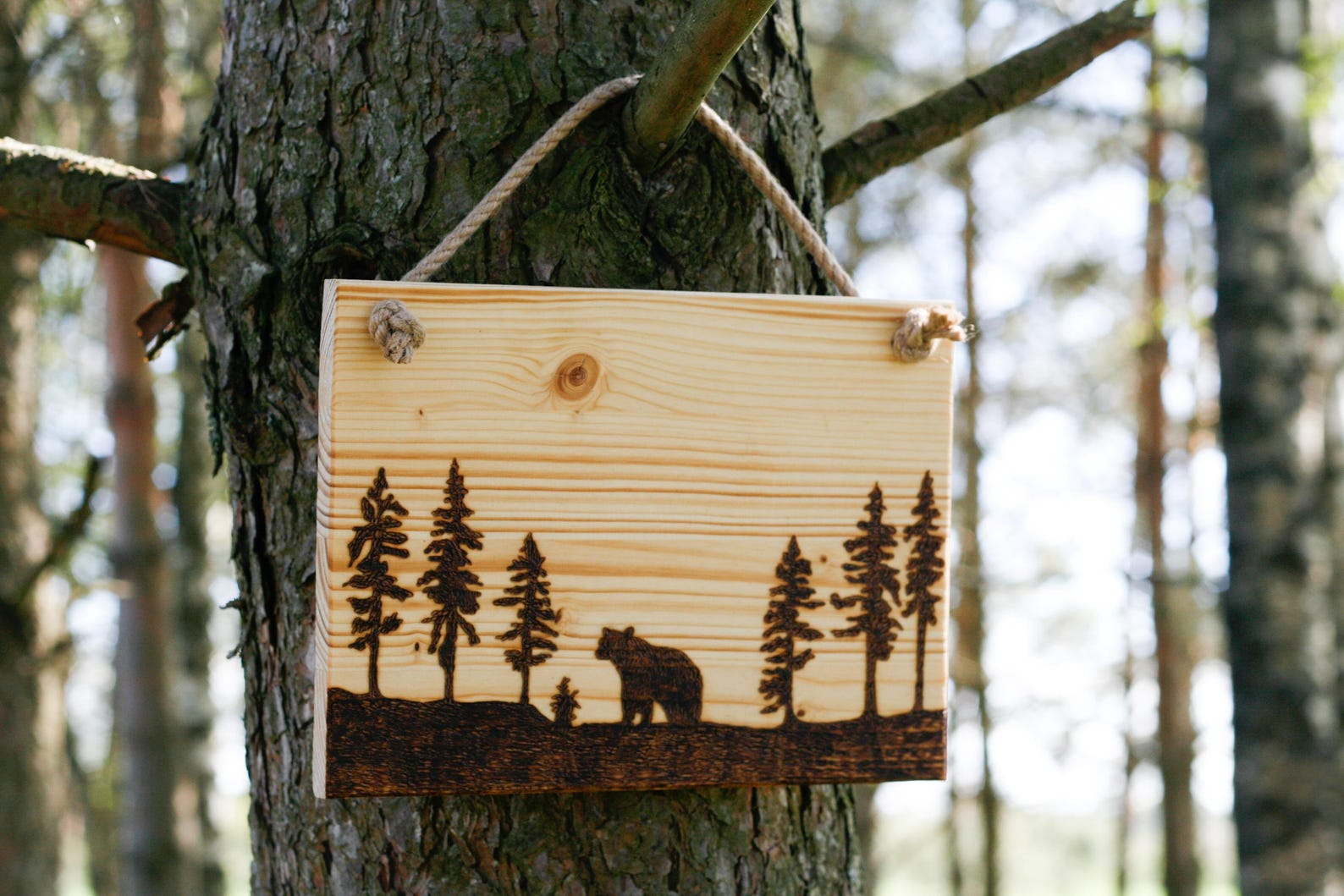 Bear in Forest Wood Burning Art, Handmade Pyrography Wildlife Decor ...